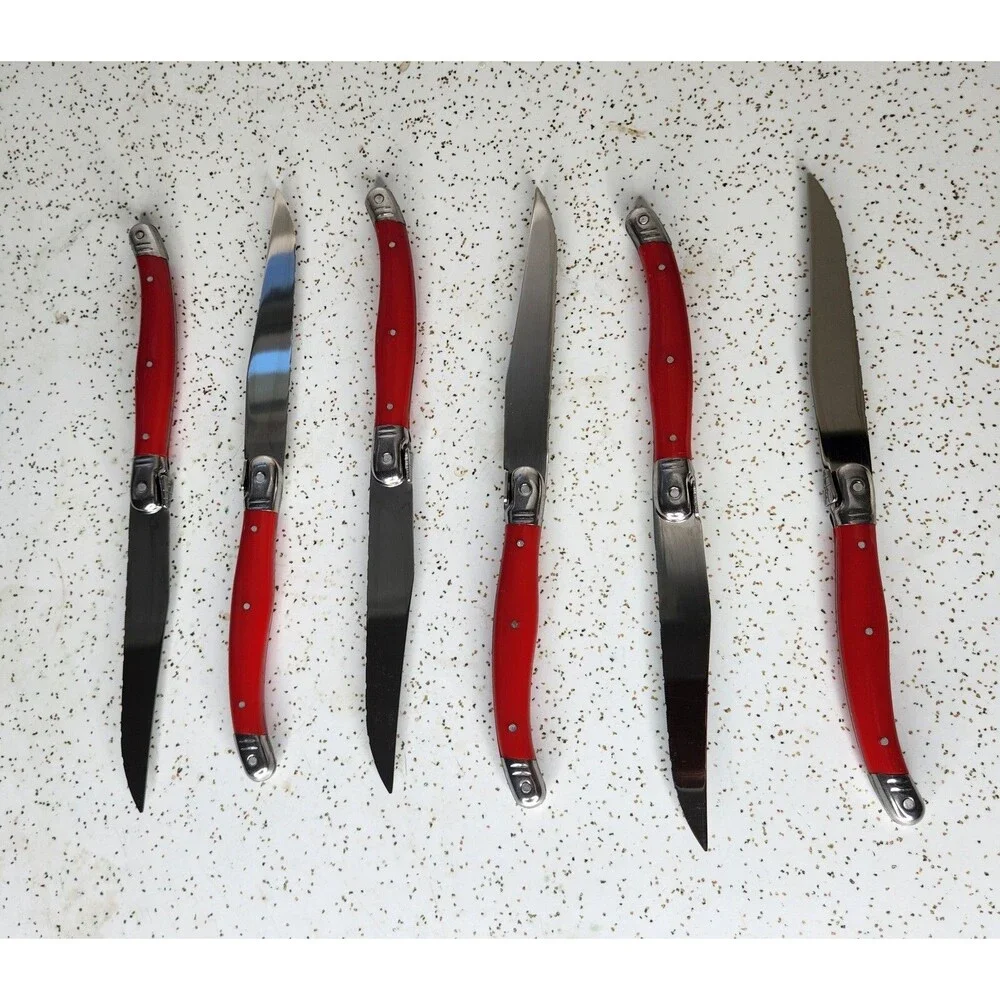6x Smart Home Essentials for Living Red Handle Serrated Steak Knives Flatware